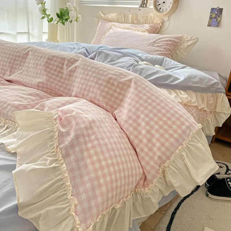 YOUMIKA  - Kawaii Pastel Plaid Ruffle Bedding Set