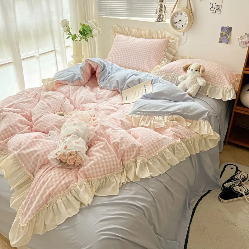 YOUMIKA  - Kawaii Pastel Plaid Ruffle Bedding Set