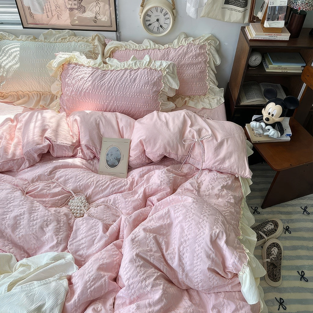 YOUMIKA  -  Kawaii Princess Seersucker Ruffled Bedding Set