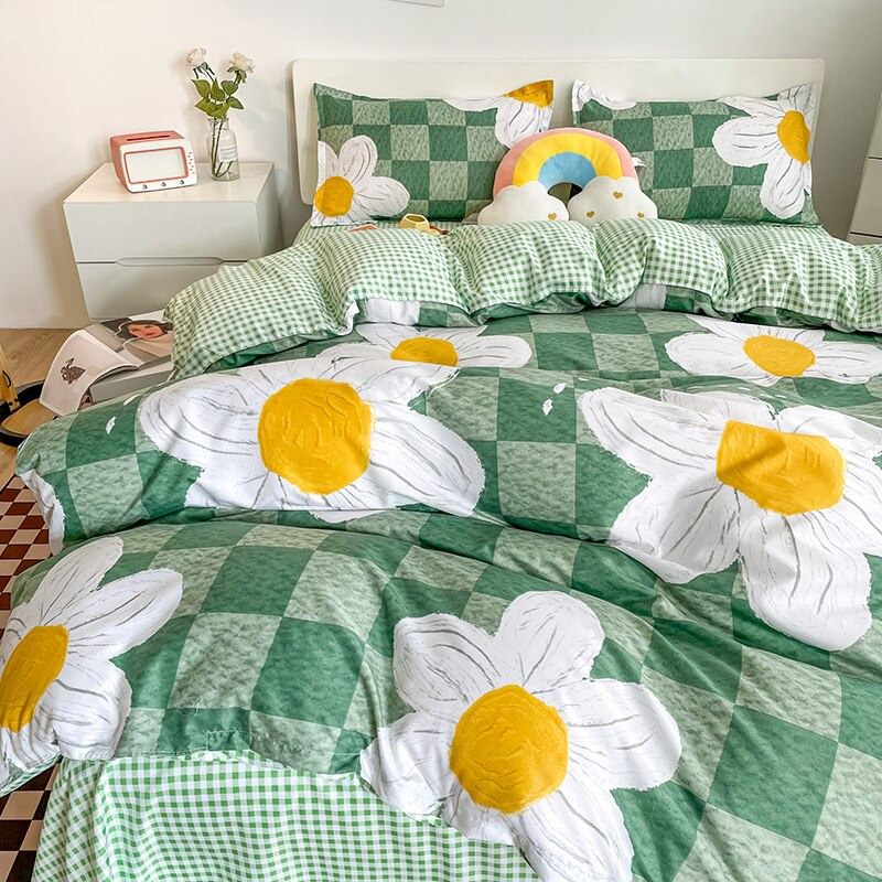 YOUMIKA  - Light Green Checkered Daisies Bedding Set