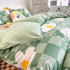 YOUMIKA  - Light Green Checkered Daisies Bedding Set