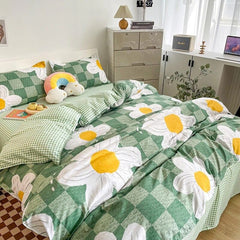 YOUMIKA  - Light Green Checkered Daisies Bedding Set