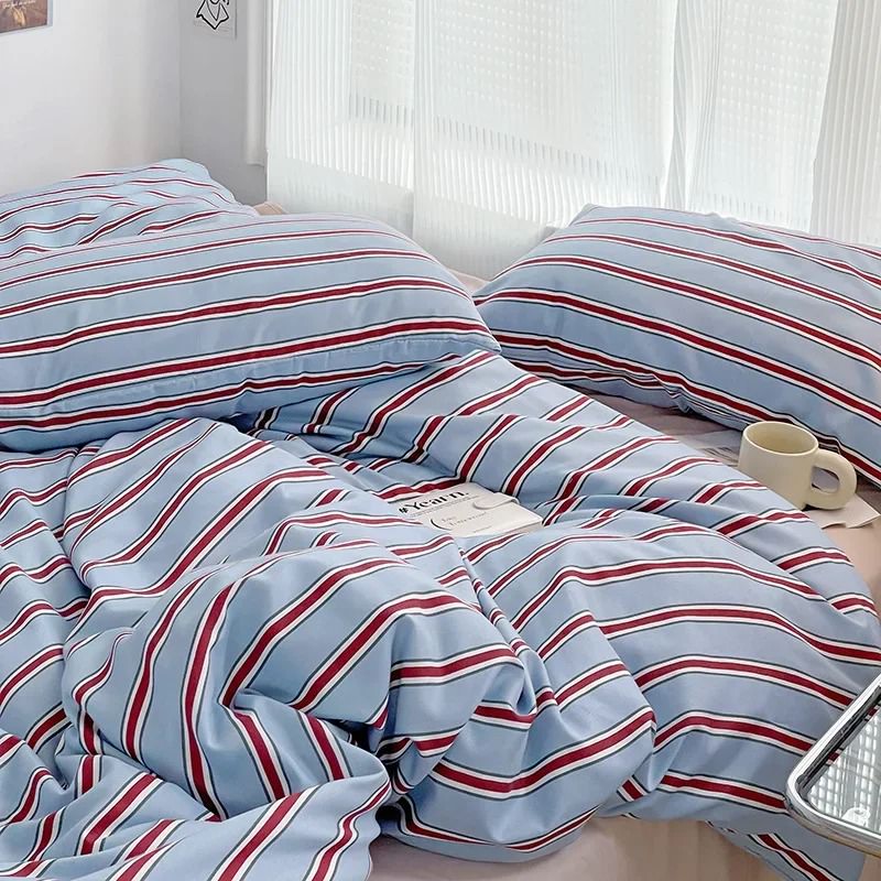 YOUMIKA  - Minimalist Red Striped Light Blue Bedding Set