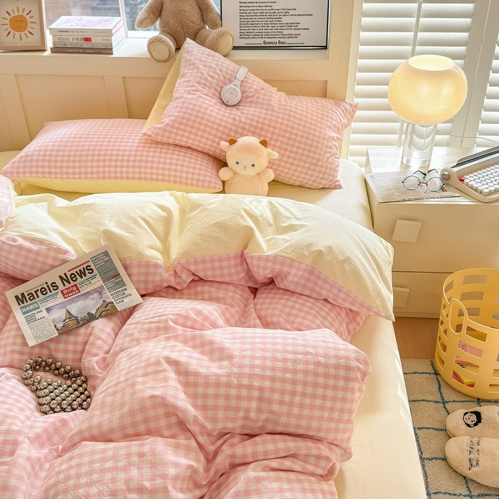 YOUMIKA  -  Pastel Plaid Double-Sided Bedding Set