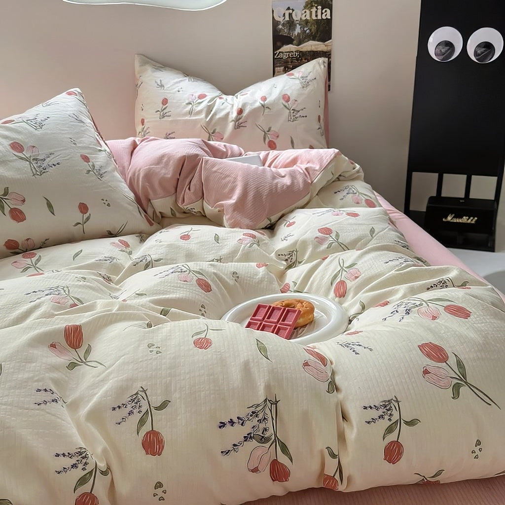 YOUMIKA  - Pastel Tulip Flower Print Bedding Set