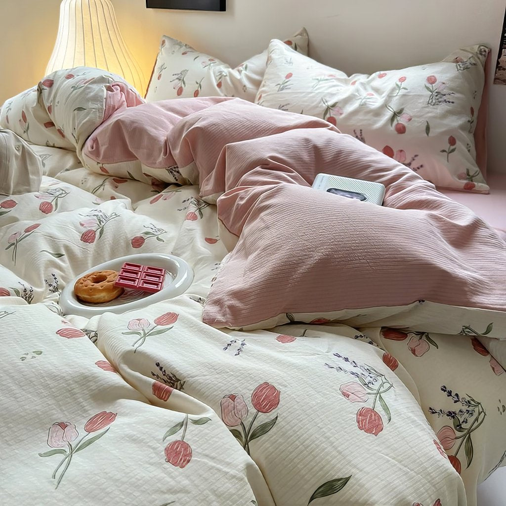 YOUMIKA  - Pastel Tulip Flower Print Bedding Set