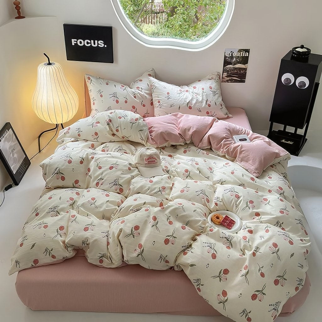 YOUMIKA  - Pastel Tulip Flower Print Bedding Set