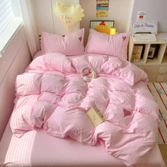 YOUMIKA  -  Pink Washed Cotton Bedding Set With Red Embroidered Heart