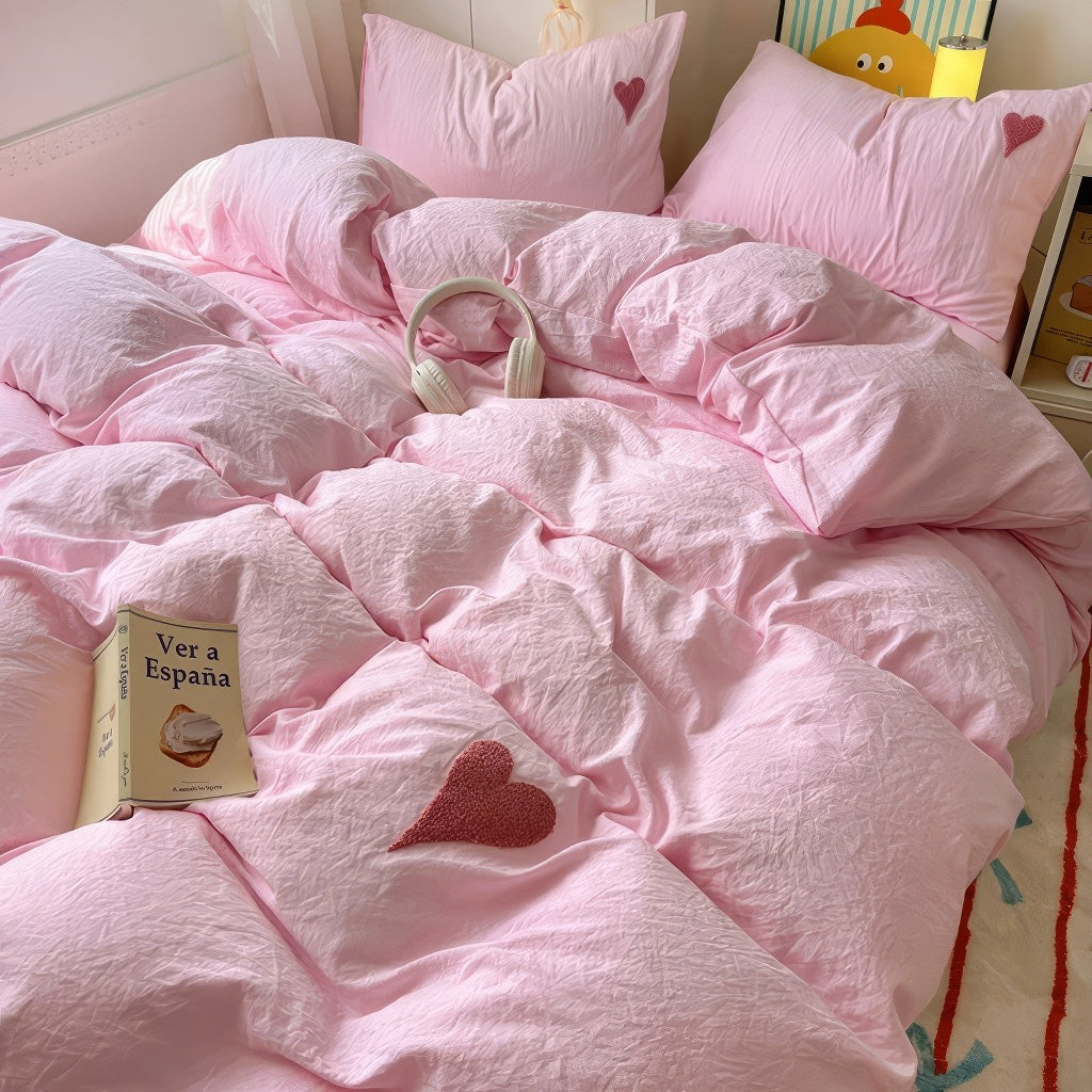 YOUMIKA  -  Pink Washed Cotton Bedding Set With Red Embroidered Heart