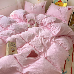 YOUMIKA  -  Pink Washed Cotton Bedding Set With Red Embroidered Heart