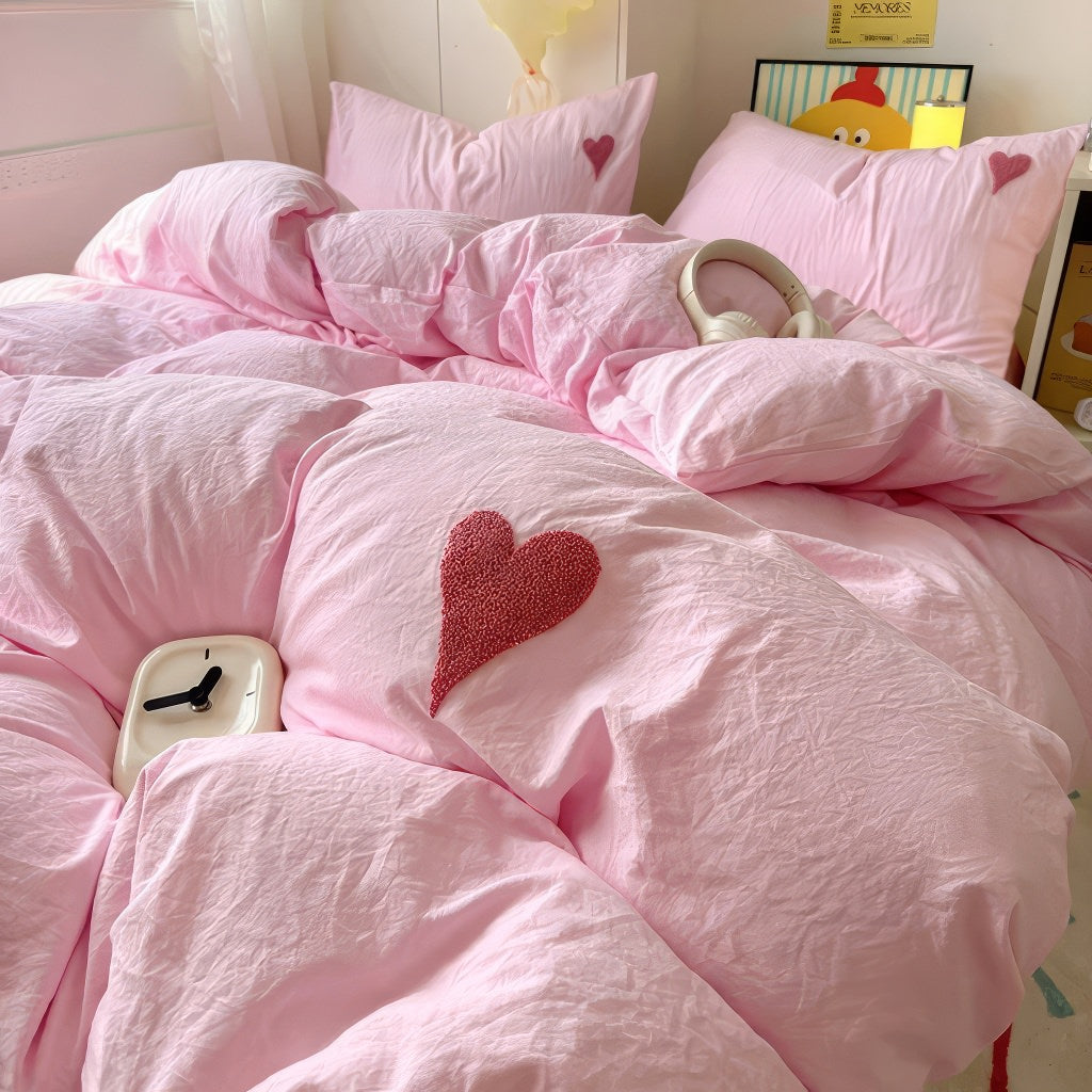 YOUMIKA  -  Pink Washed Cotton Bedding Set With Red Embroidered Heart