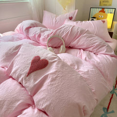 YOUMIKA  -  Pink Washed Cotton Bedding Set With Red Embroidered Heart