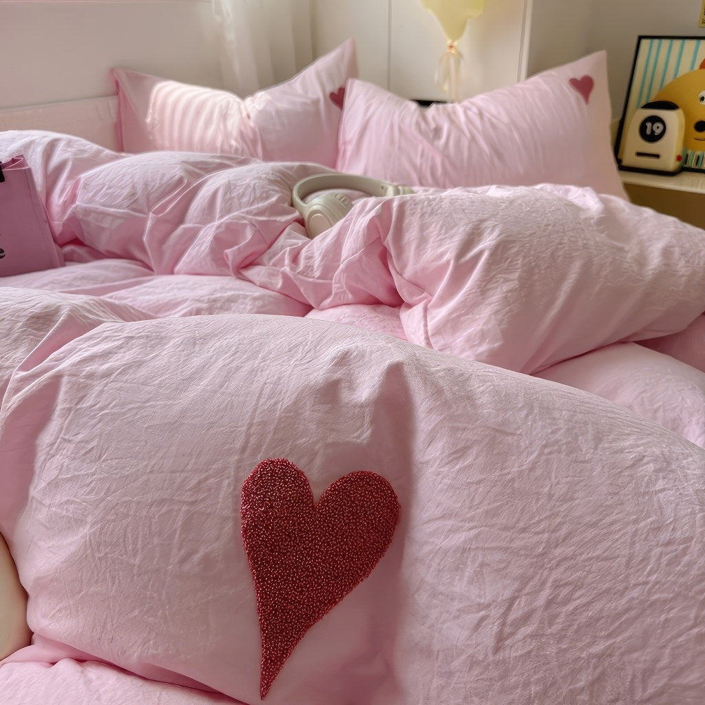 YOUMIKA  -  Pink Washed Cotton Bedding Set With Red Embroidered Heart