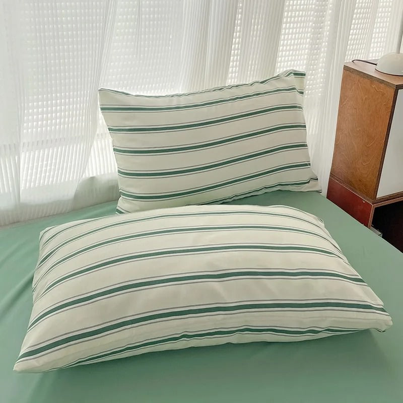 YOUMIKA  - Minimalist Green Striped Sage Bedding Set