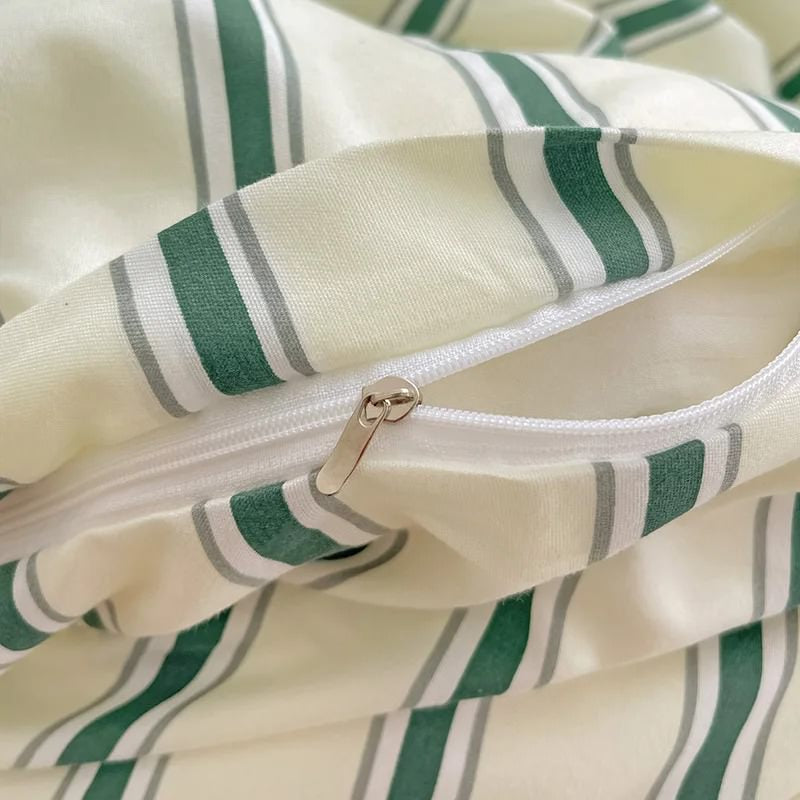 YOUMIKA  - Minimalist Green Striped Sage Bedding Set