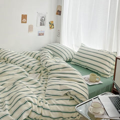 YOUMIKA  - Minimalist Green Striped Sage Bedding Set