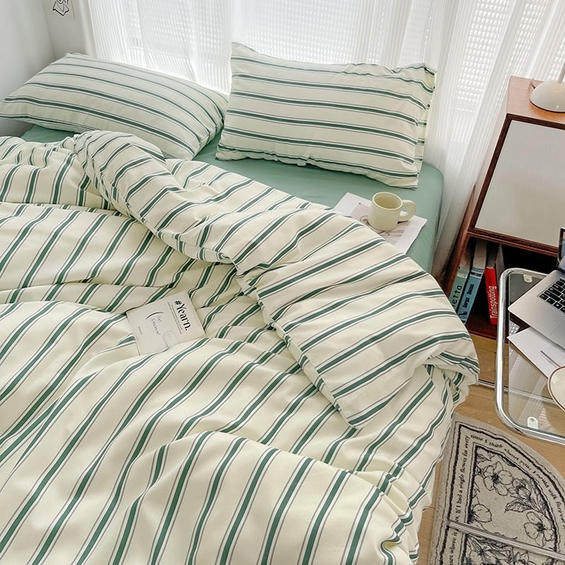 YOUMIKA  - Minimalist Green Striped Sage Bedding Set