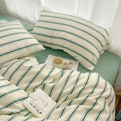 YOUMIKA  - Minimalist Green Striped Sage Bedding Set