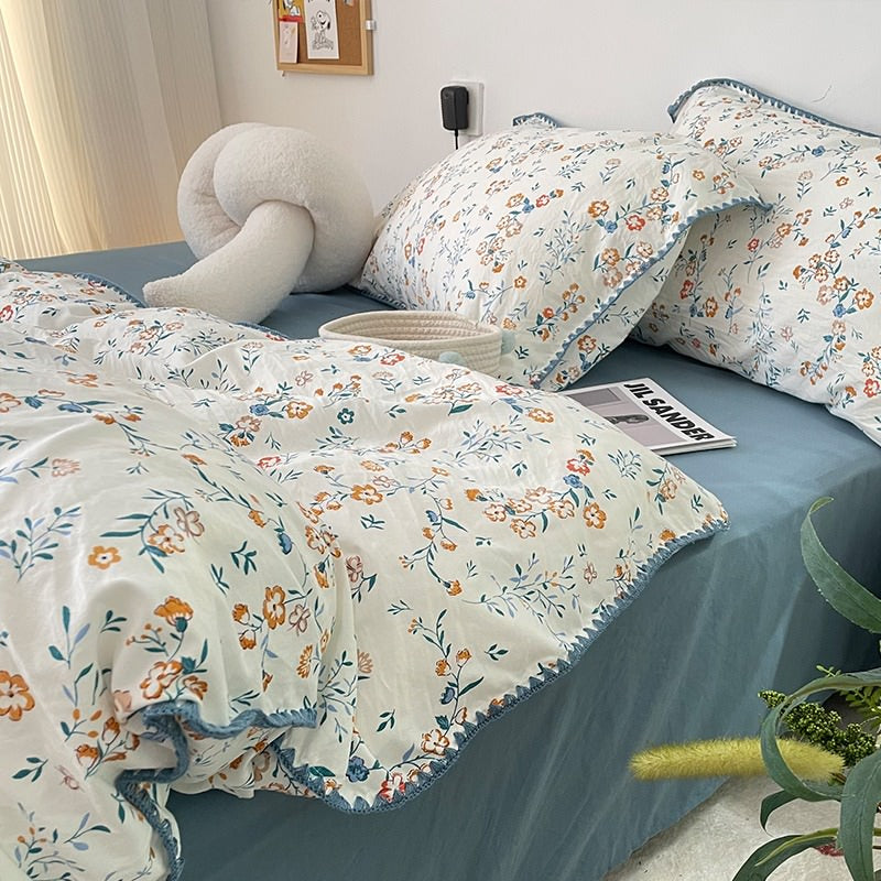 YOUMIKA  - Stitched Edge Blue Wildflowers Bedding Set