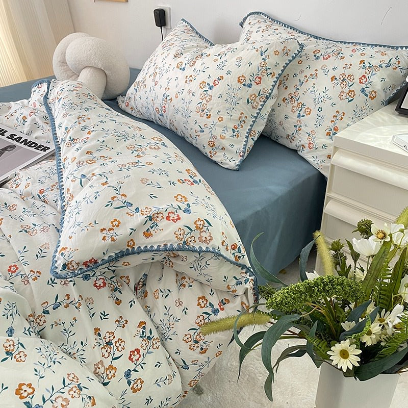 YOUMIKA  - Stitched Edge Blue Wildflowers Bedding Set