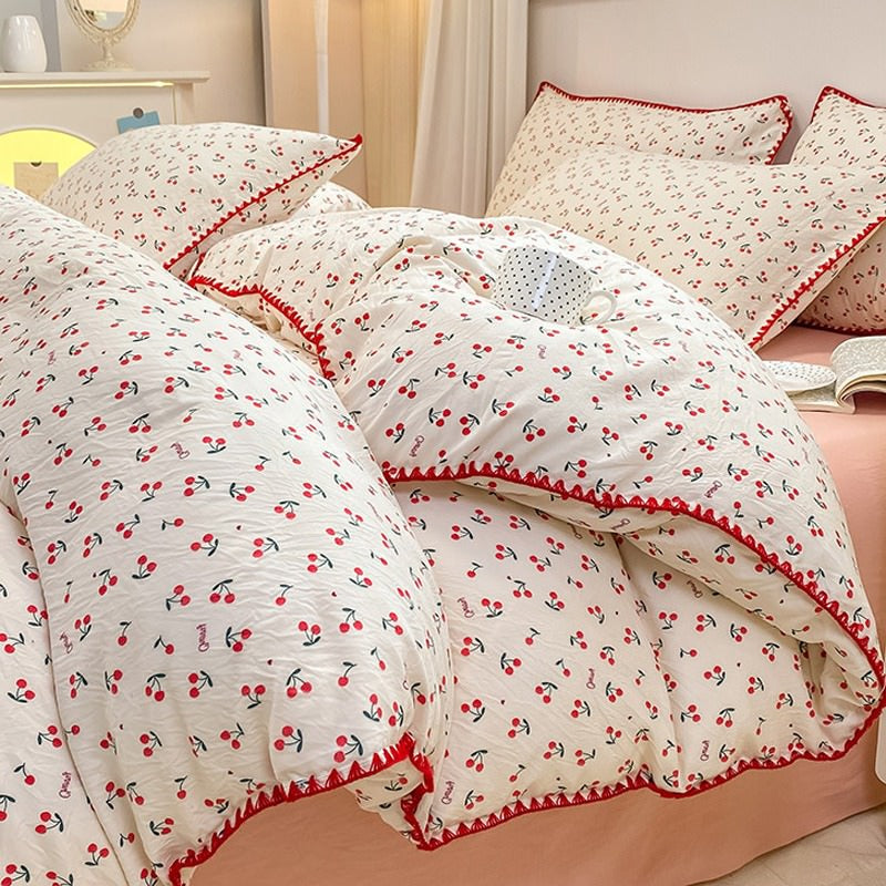 YOUMIKA  - Stitched Edge Red Cherries Bedding Set