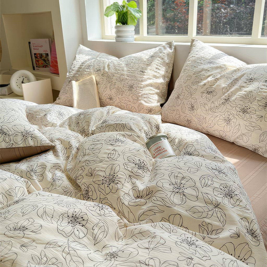 YOUMIKA  -  Thin Outline Floral Print Brown Shaded Bedding Set