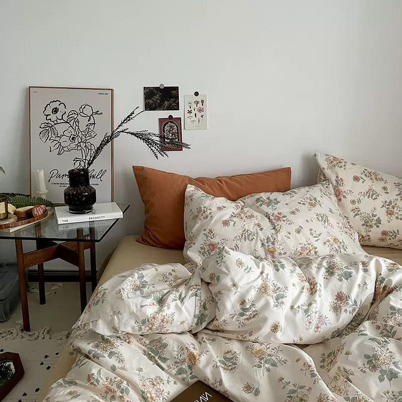 YOUMIKA  - Vintage Pale Flowers Print Cotton Bedding Set