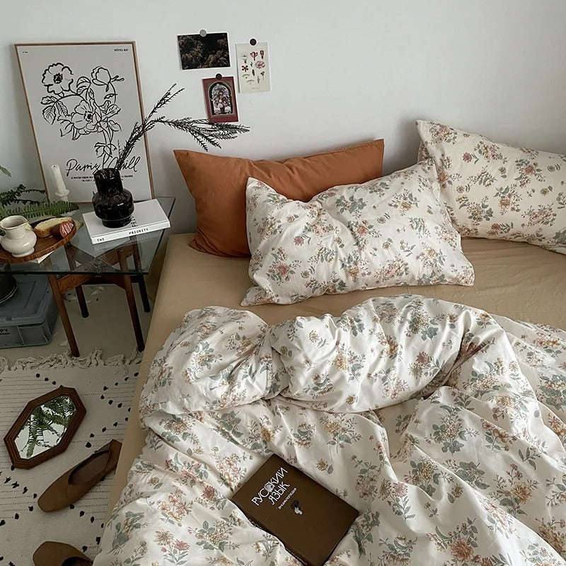 YOUMIKA  - Vintage Pale Flowers Print Cotton Bedding Set