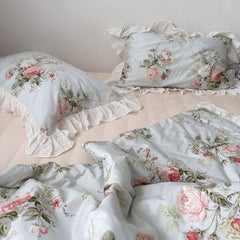 YOUMIKA  -  Vintage Sky Blue Cottage Roses Ruffle Bedding Set