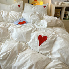 YOUMIKA  -  White Washed Cotton Bedding Set With Red Embroidered Heart