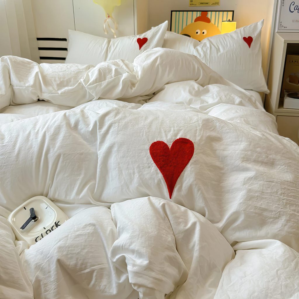 YOUMIKA  -  White Washed Cotton Bedding Set With Red Embroidered Heart