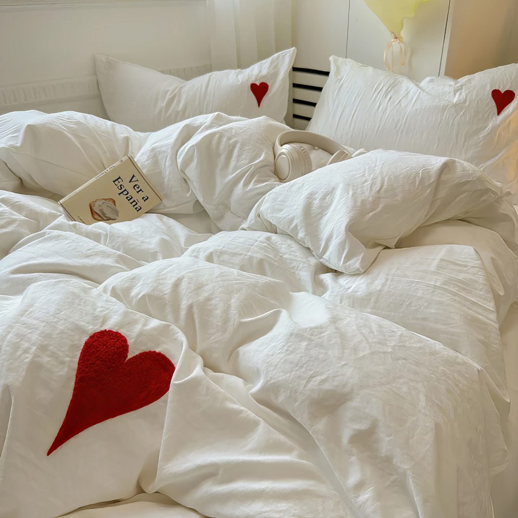 YOUMIKA  -  White Washed Cotton Bedding Set With Red Embroidered Heart